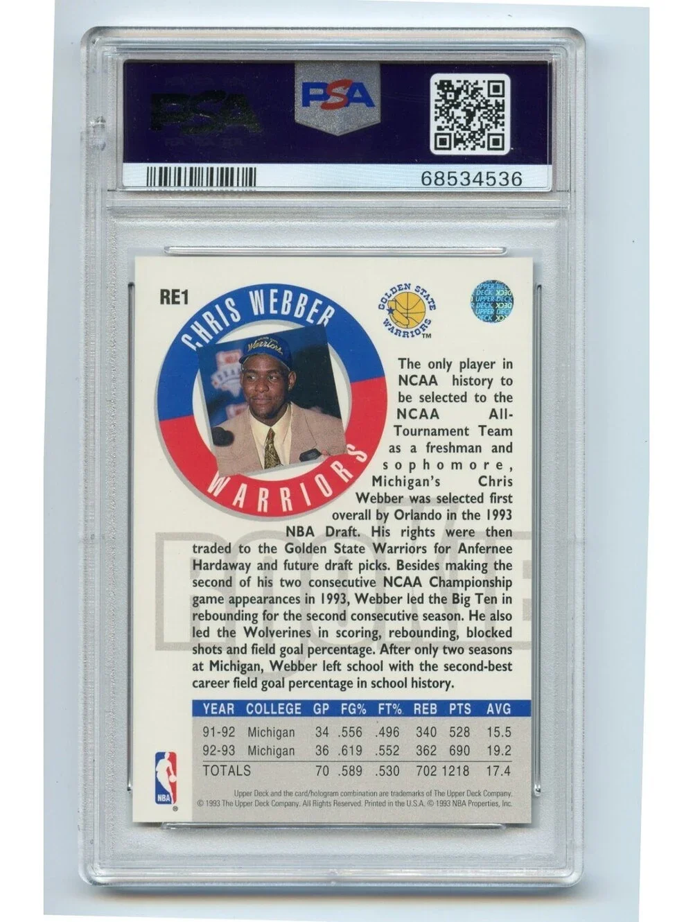 1993-94 Upper Deck Redemption Prizes Rookie Exchange Chris Webber RC PSA 8